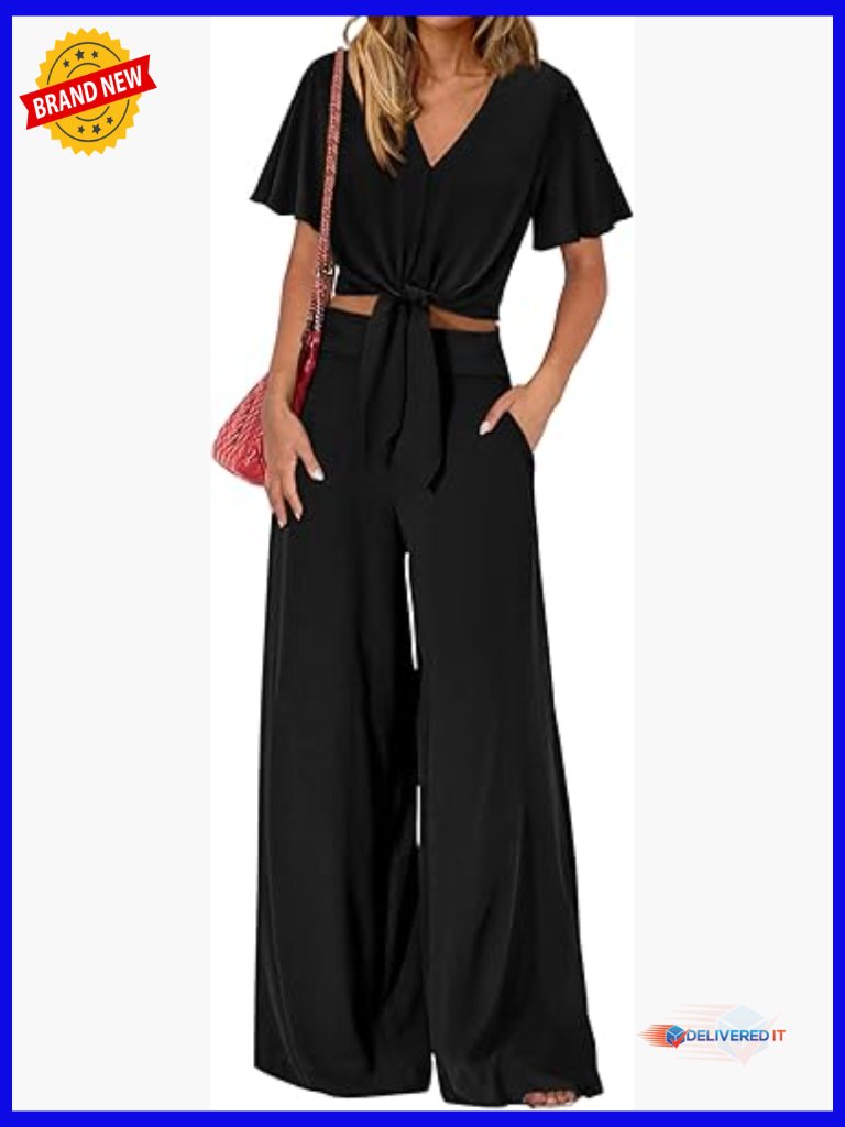 Two Piece Lounge Set Short Sleeve Crop Top Wide Leg Pants Tracksuit Jogger